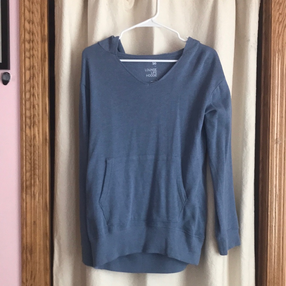 Blue hoodie with a slight v-neck.